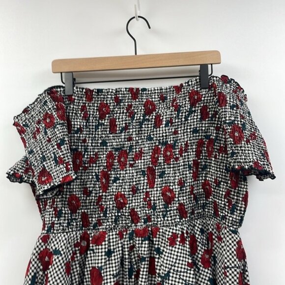 City Chic Poppy Floral Gingham Plaid Smocked Off-the-Shoulder A-Line Dress 24 - Picture 3 of 10